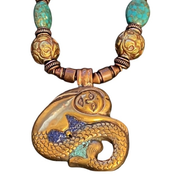 Antique Victorian Turkish Bronze Work w Turquoise Stone Beaded Mermaid Necklace - Picture 8 of 11